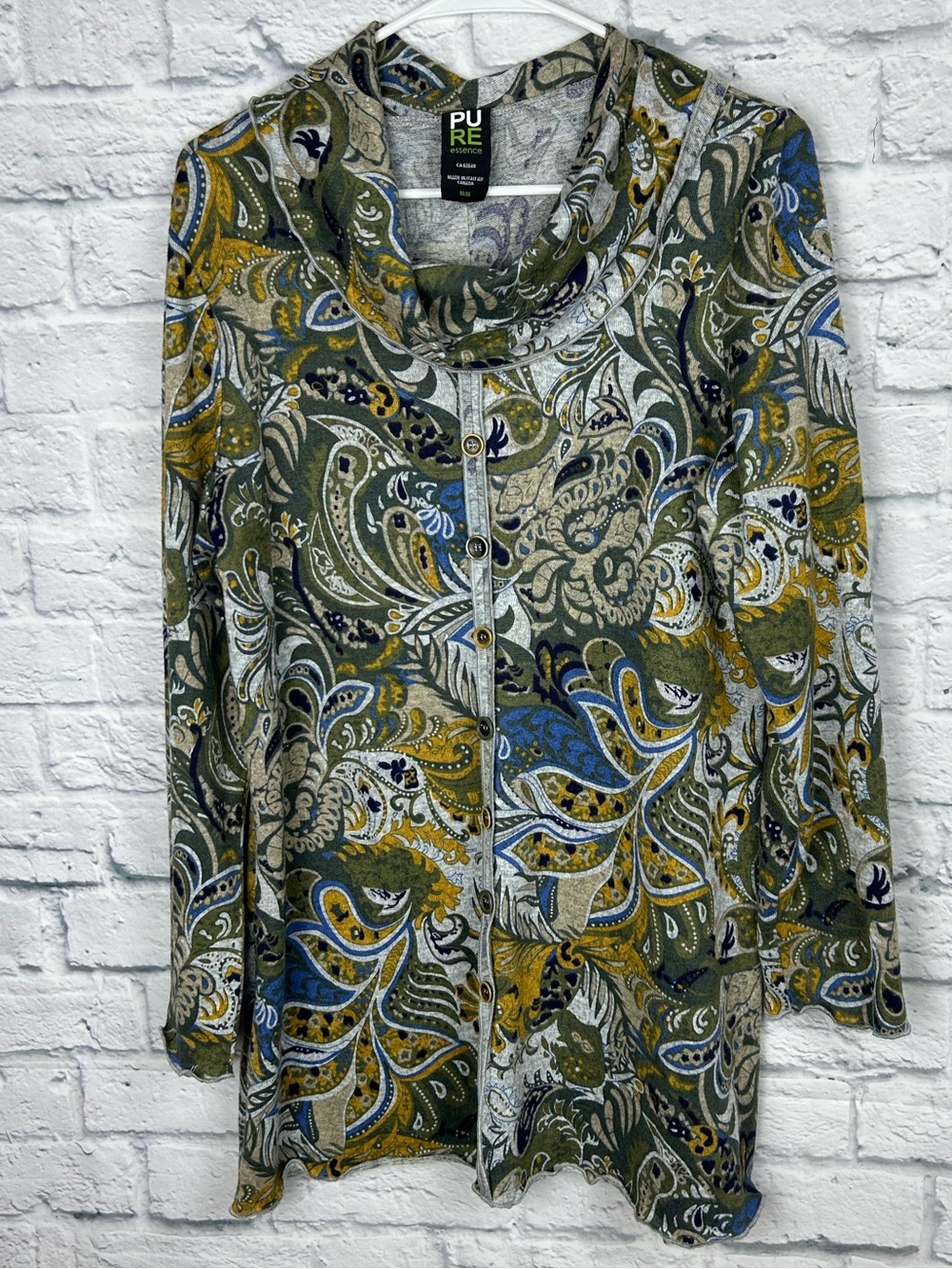 Pure Essence Medium Paisley Cowl Neck Button Front Tunic Top Made in Canada